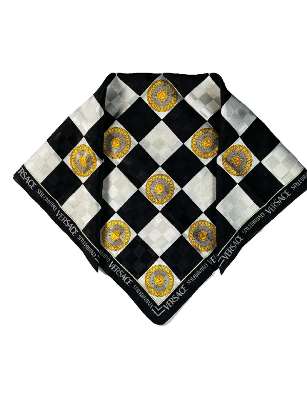 Versace Vintage Checkerboard Sun Print Scarf 53cm Black White Gold